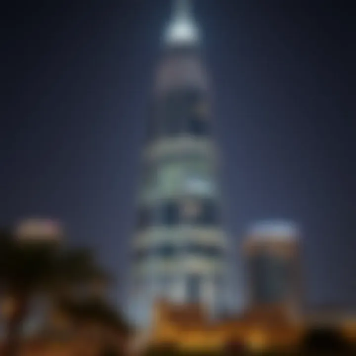 Adax Tower illuminated at night, emphasizing its impact on Dubai's skyline