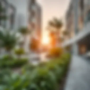 A vibrant community space within Al Raha Gardens Plaza filled with greenery