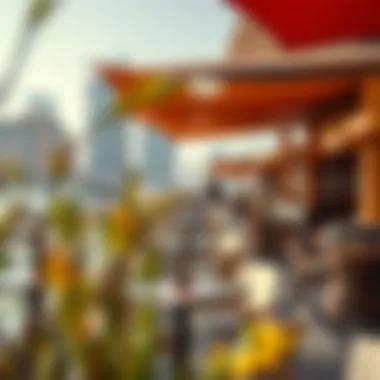 A vibrant outdoor seating area at The Pointe with stunning views of the waterfront
