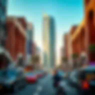 The bustling surroundings of Aneeqa Tower highlighting its strategic location in Dubai