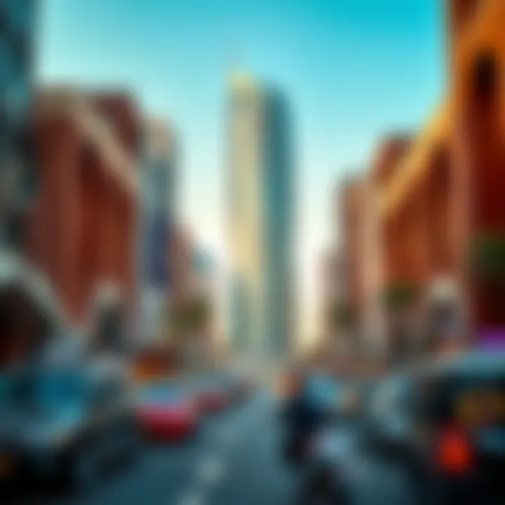 The bustling surroundings of Aneeqa Tower highlighting its strategic location in Dubai