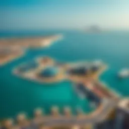 Aerial view of Bluewaters Island showcasing modern architecture and waterfront.