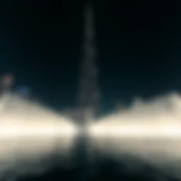 The mesmerizing Burj Khalifa fountain show illuminated at night