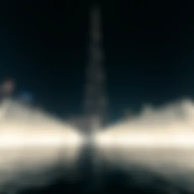 The mesmerizing Burj Khalifa fountain show illuminated at night