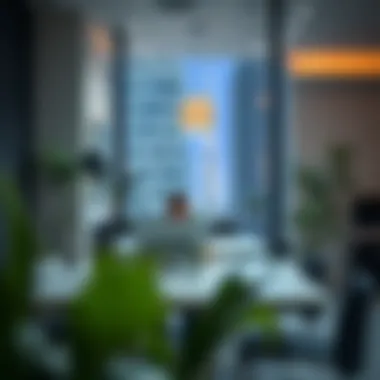 Person working on a laptop in a modern office environment