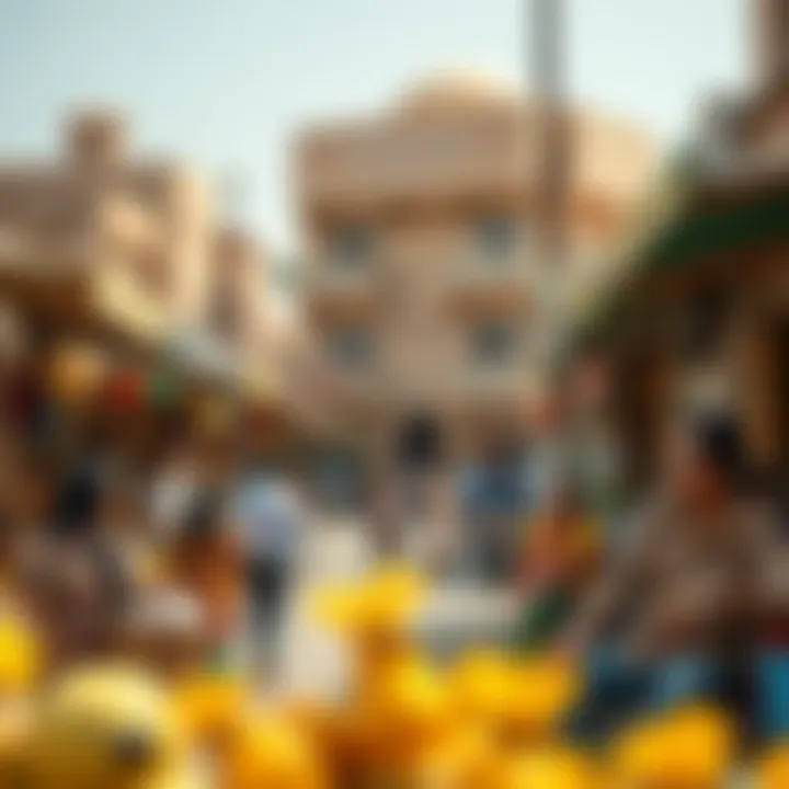 Vibrant street scene depicting the local market in البراحة filled with cultural highlights and community activity