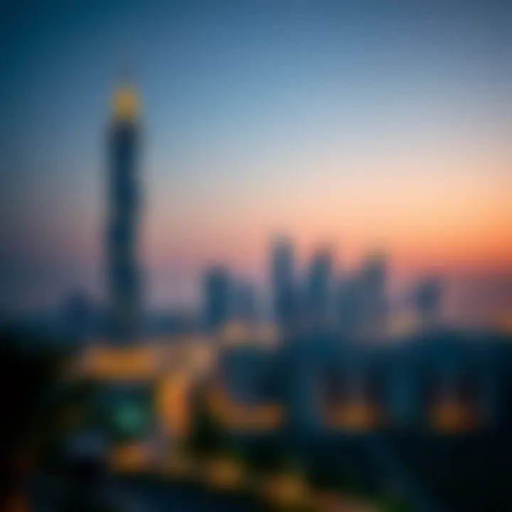 Evening skyline featuring the illuminated Concord Tower in JLT.