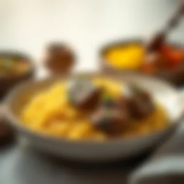 Saffron Rice and Lamb Dish A close-up of saffron-infused rice paired with succulent lamb, highlighting staple ingredients