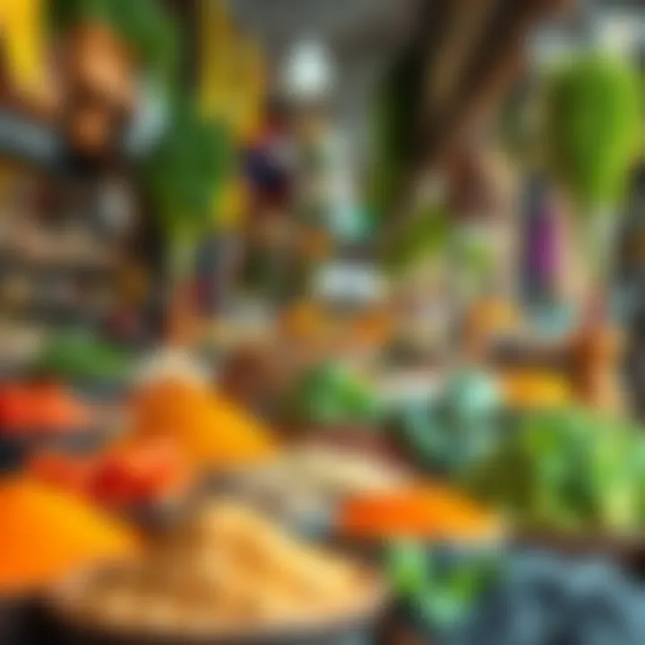 A vibrant market scene featuring fresh spices and herbs, essential to Emirati cooking