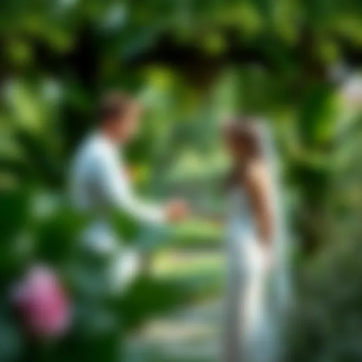 A couple exchanging vows in a lush garden setting.