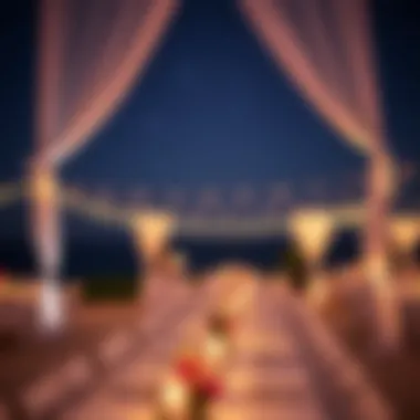 A beautifully arranged destination wedding reception under the stars.