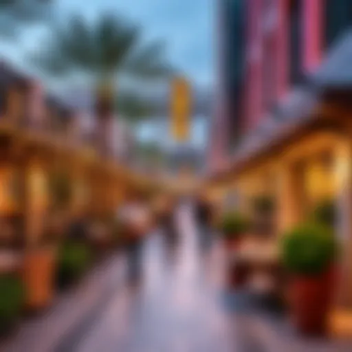 A vibrant street view of The Walk showcasing outdoor dining settings