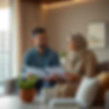 A couple discussing rental agreements in a modern apartment