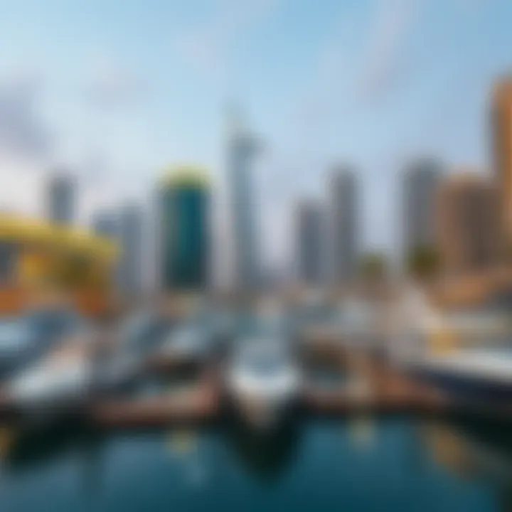 Vibrant atmosphere of Dubai Marina with luxury yachts