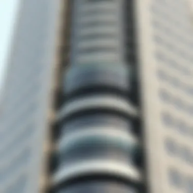 Close-up of the Exchange Tower's facade highlighting modern materials