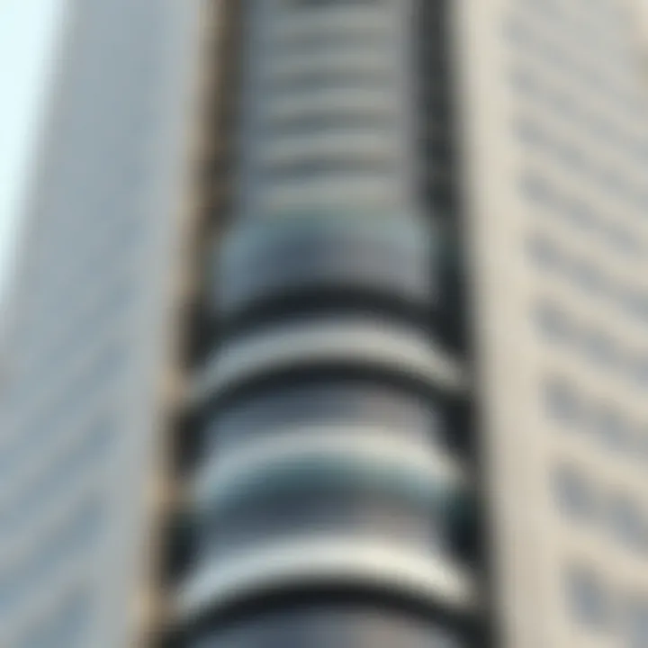 Close-up of the Exchange Tower's facade highlighting modern materials