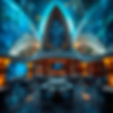 Architectural design of a modern aquarium restaurant blending with underwater themes