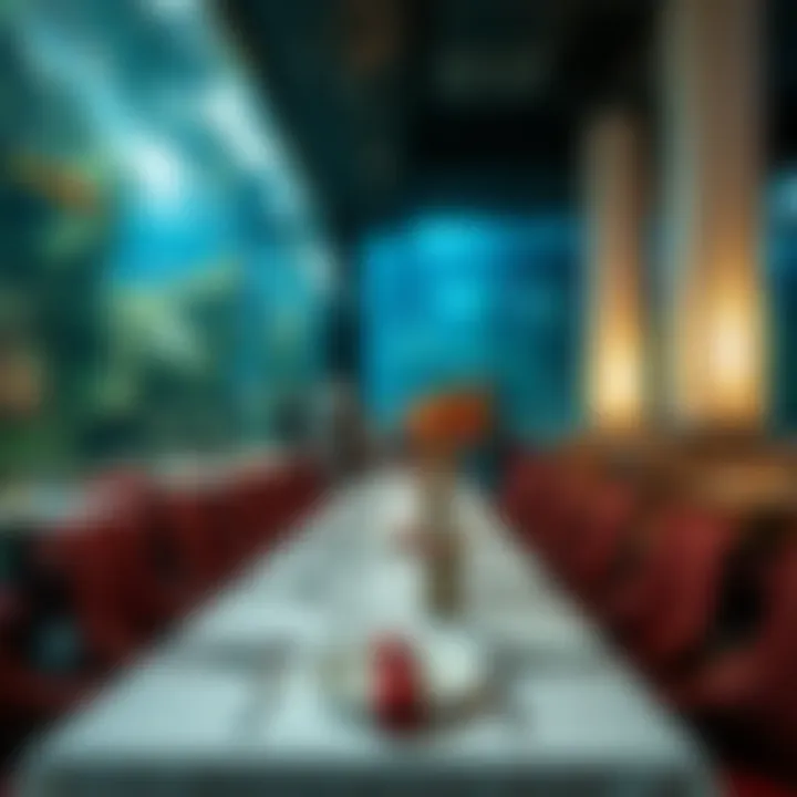 Elegant table setting inside an aquarium restaurant showcasing marine aesthetics