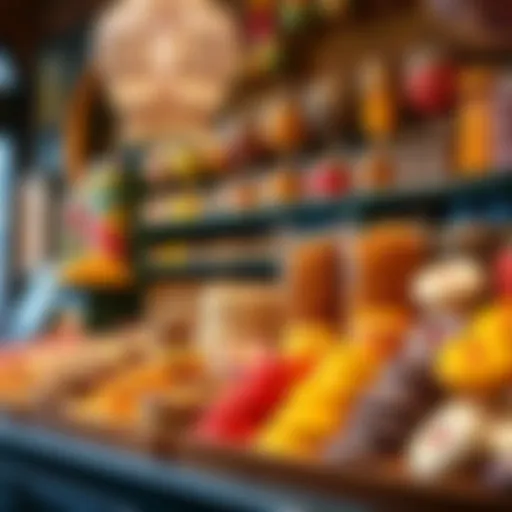 A variety of colorful Arabic sweets elegantly displayed in a traditional shop setting