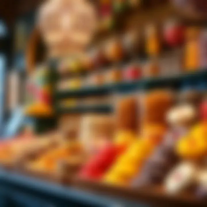 A variety of colorful Arabic sweets elegantly displayed in a traditional shop setting