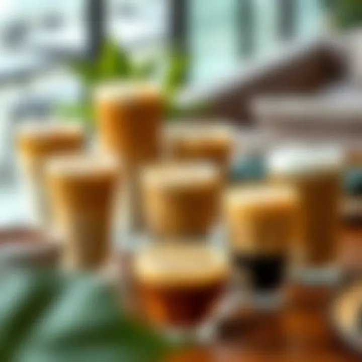 Diverse coffee drinks arranged artistically, highlighting local coffee culture.