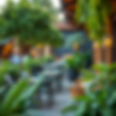 Charming Outdoor Café Seating Outdoor café seating with lush greenery and vibrant atmosphere.