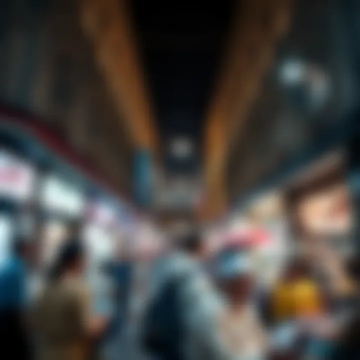 A bustling marketplace scene reflecting the community spirit of historic shopping in Dubai