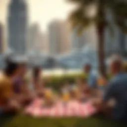 A vibrant scene of friends enjoying a picnic at Dubai Marina