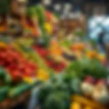 Vibrant display of fresh fruits and vegetables at a Dubai farmers market