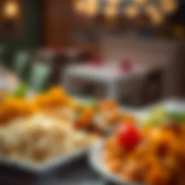 Plate of colorful Indian dishes including biryani and curry