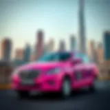 A pink taxi parked against a backdrop of Dubai's skyline