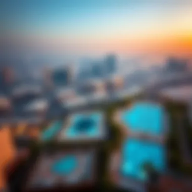 Aerial View of Dubai Skyline with Pool Amenities Aerial view of Dubai skyline with pools