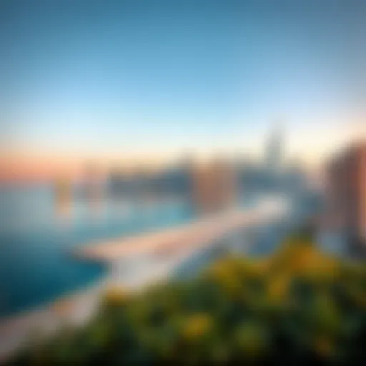 Scenic view of Dubai Marina beach with skyline in the background
