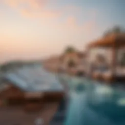 Luxurious beach club setting with sun loungers and cabanas