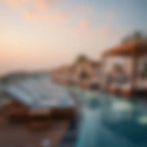 Luxurious beach club setting with sun loungers and cabanas
