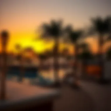Scenic Beach Club View at Sunset Scenic view of a beach club at sunset with palm trees
