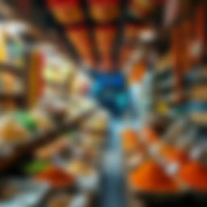 A lively market scene reflecting Indian culinary heritage, with spices, sweets, and traditional snacks on display.