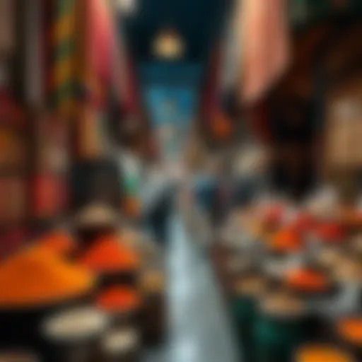 A bustling traditional souk filled with vibrant textiles and spices