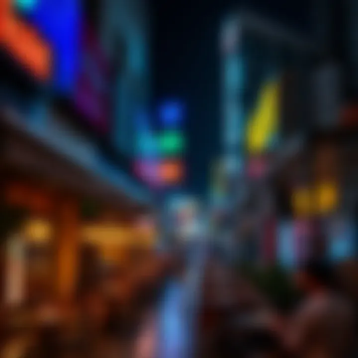 A vibrant street filled with diverse restaurants in Karama