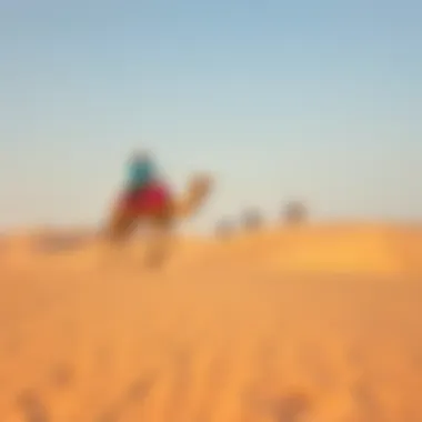A breathtaking desert landscape showcasing adventurous recreational activities like dune bashing and camel riding.
