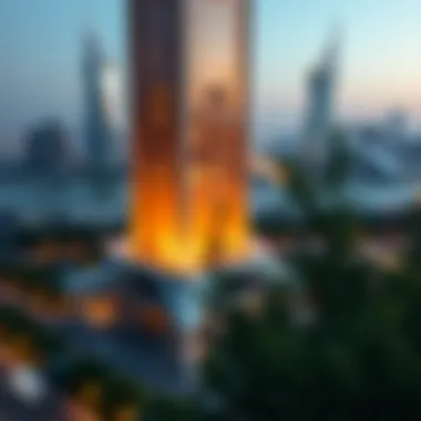 View of Maze Tower with nearby landmarks in the background emphasizing its location.