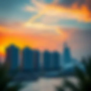Jumeirah Beach Residence Skyline at Sunset Stunning view of Jumeirah Beach Residence skyline at sunset