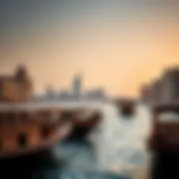 A majestic view of the Dubai Creek showcasing traditional dhows