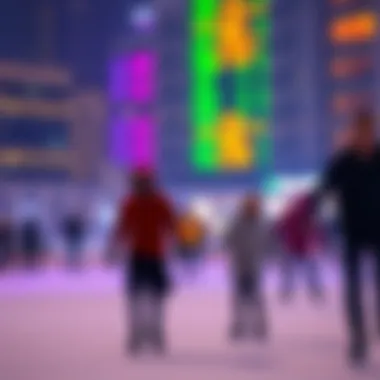 Evening Skating Session in Dubai Skaters enjoying an evening session at a popular Dubai rink under colorful lights.