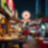 A bustling street food market in Dubai showcasing various food stalls