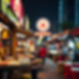 A bustling street food market in Dubai showcasing various food stalls