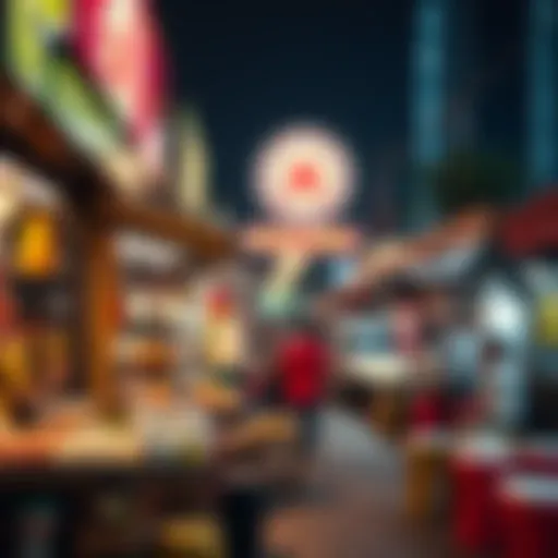 A bustling street food market in Dubai showcasing various food stalls
