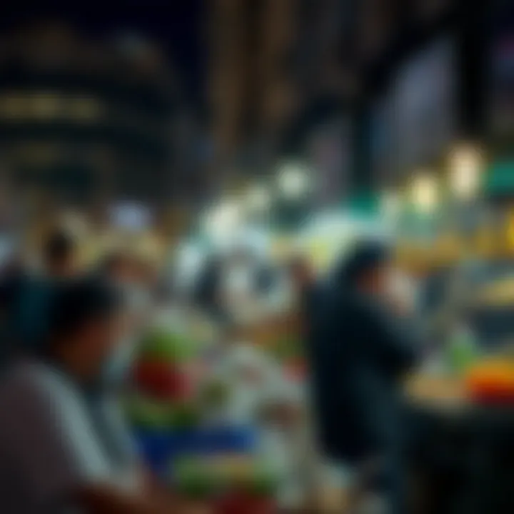 A lively vendor interacting with customers amidst the street food scene