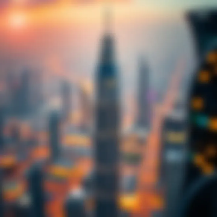 Aerial view of the Sunlight Tower surrounded by the vibrant Dubai skyline
