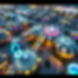 A stunning aerial view of the VR theme park showcasing futuristic architecture and vibrant attractions.